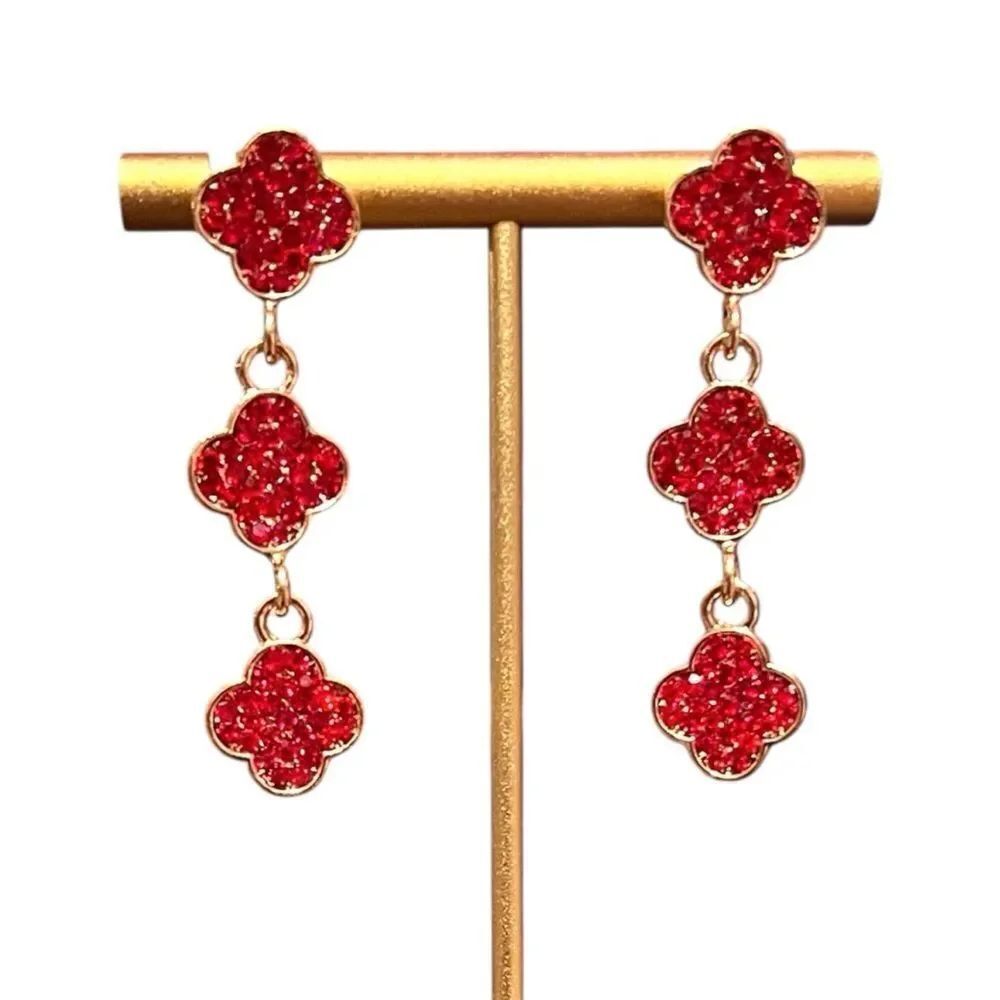 💎2/$30💎 Elegant Red Crystal Triple Clover Alhambra Gold Tone Dangle Earrings